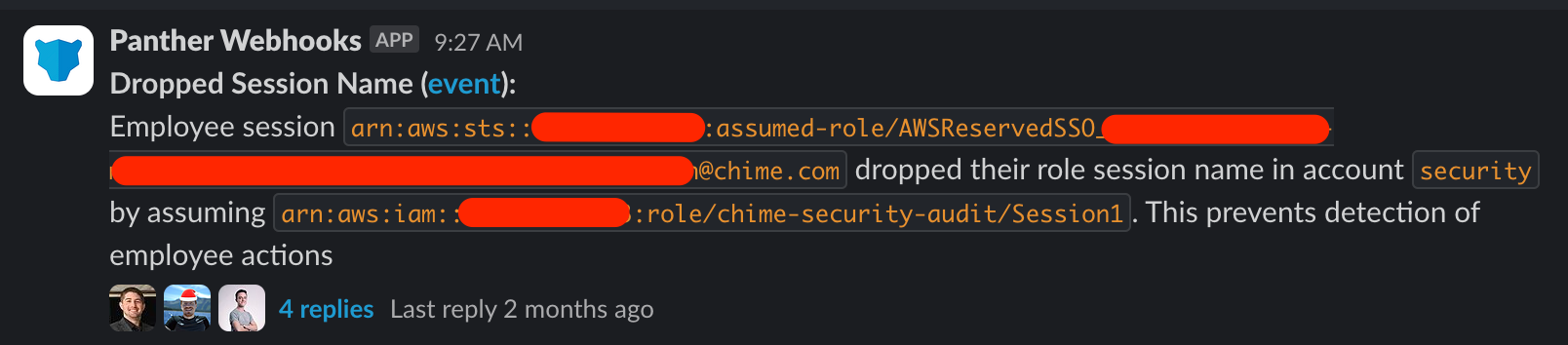 A sample alert for an employee dropping their role session name