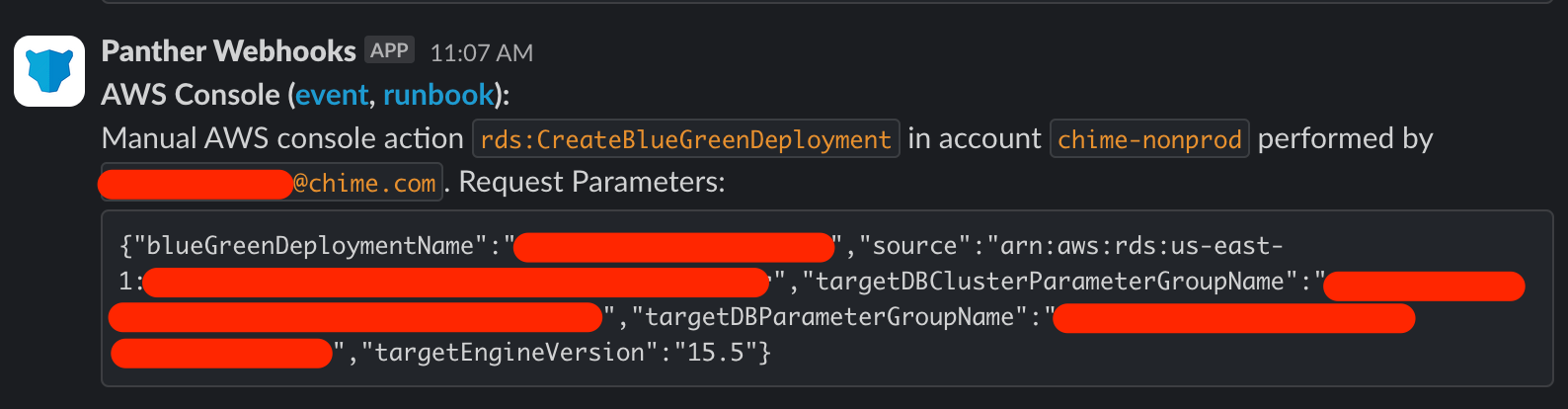 A sample alert for an employee performing a manual action in AWS